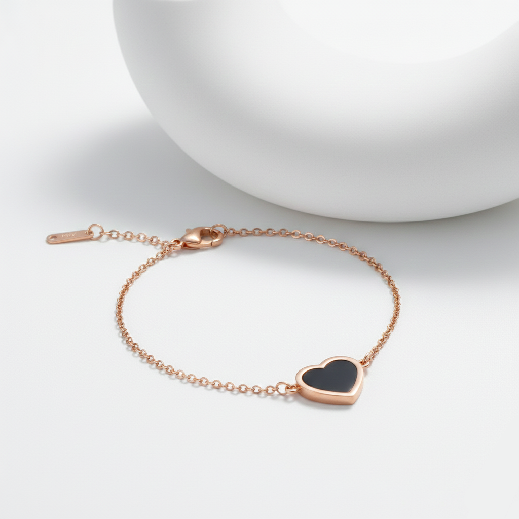 Bathol Rose Gold–Tone Black Heart Bracelet – Minimal & Elegant