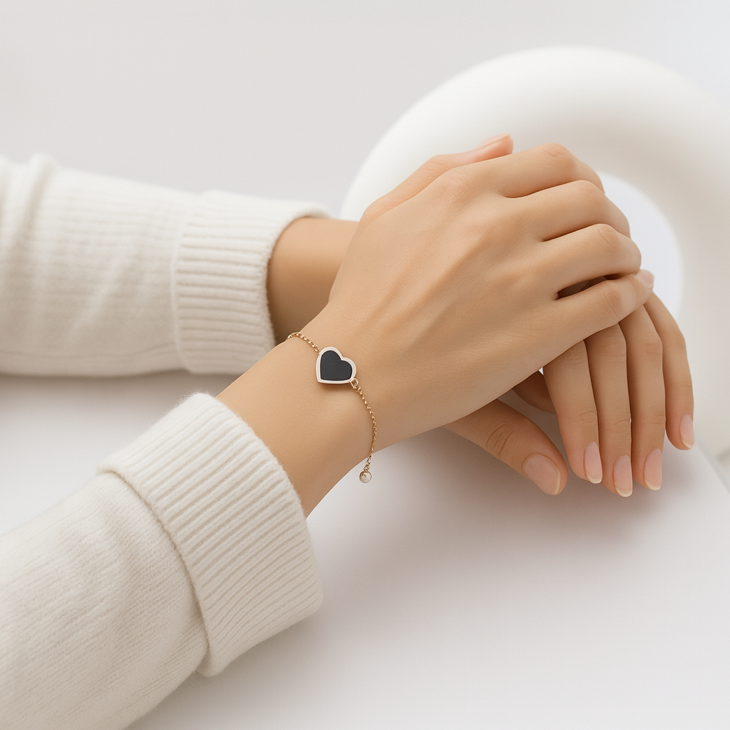 Bathol Rose Gold–Tone Black Heart Bracelet – Minimal & Elegant