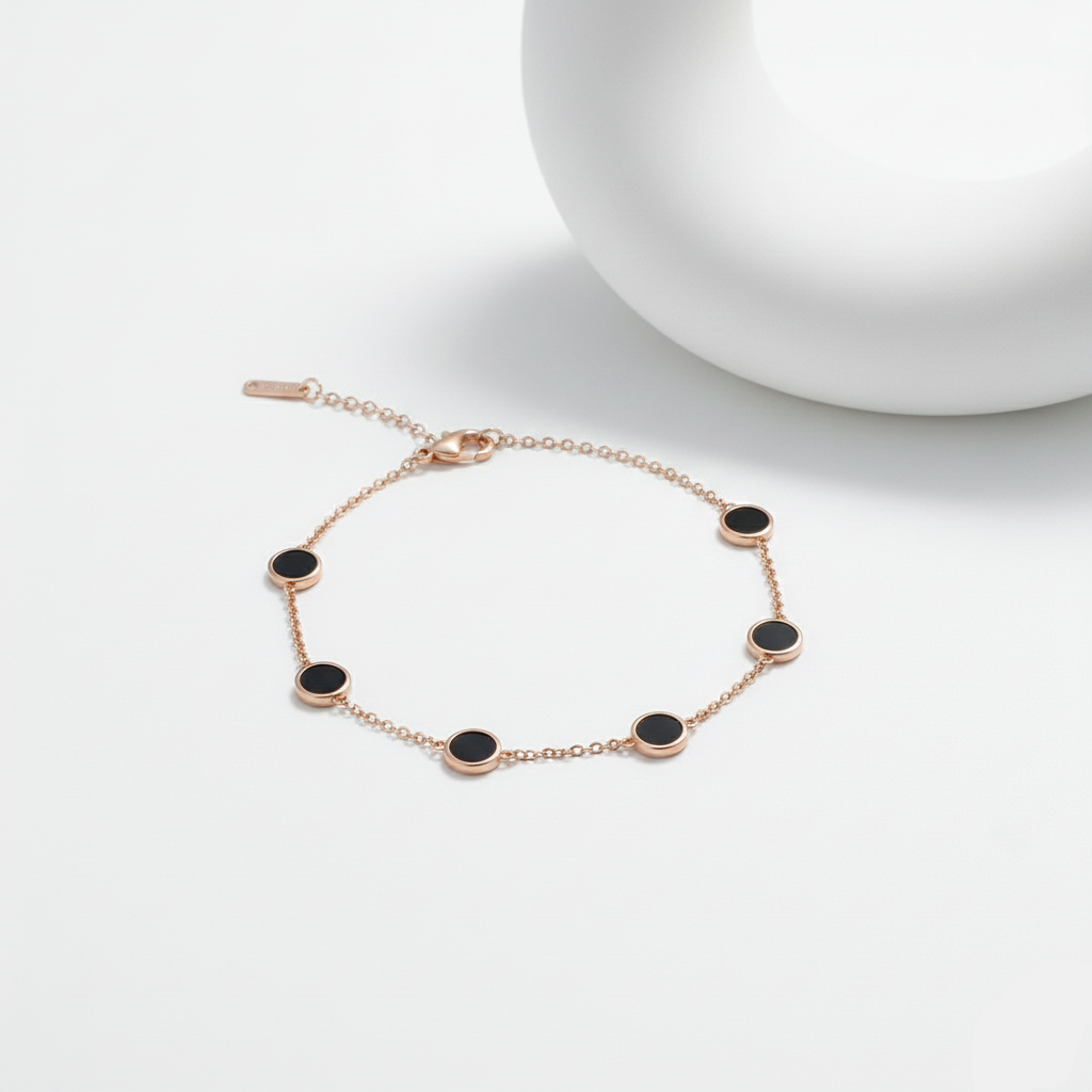 Bathol Rose Gold–Tone Multi Black Enamel Charm Bracelet – Minimal & Chic