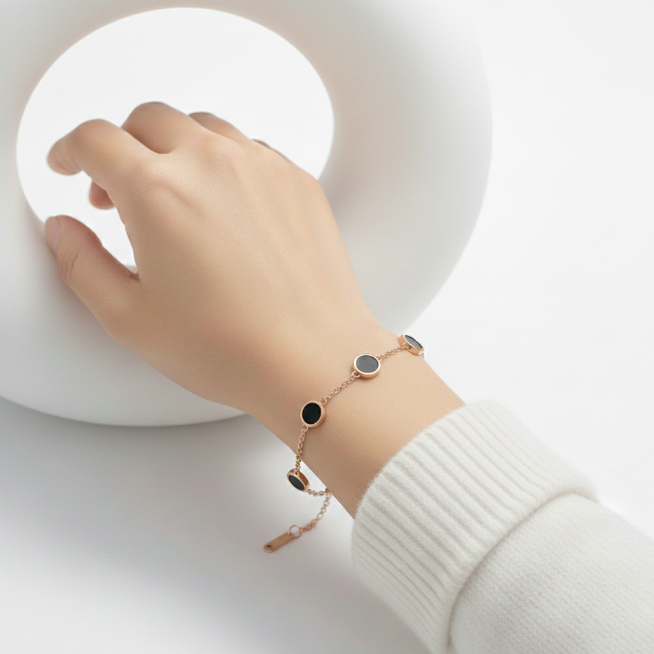 Bathol Rose Gold–Tone Multi Black Enamel Charm Bracelet – Minimal & Chic