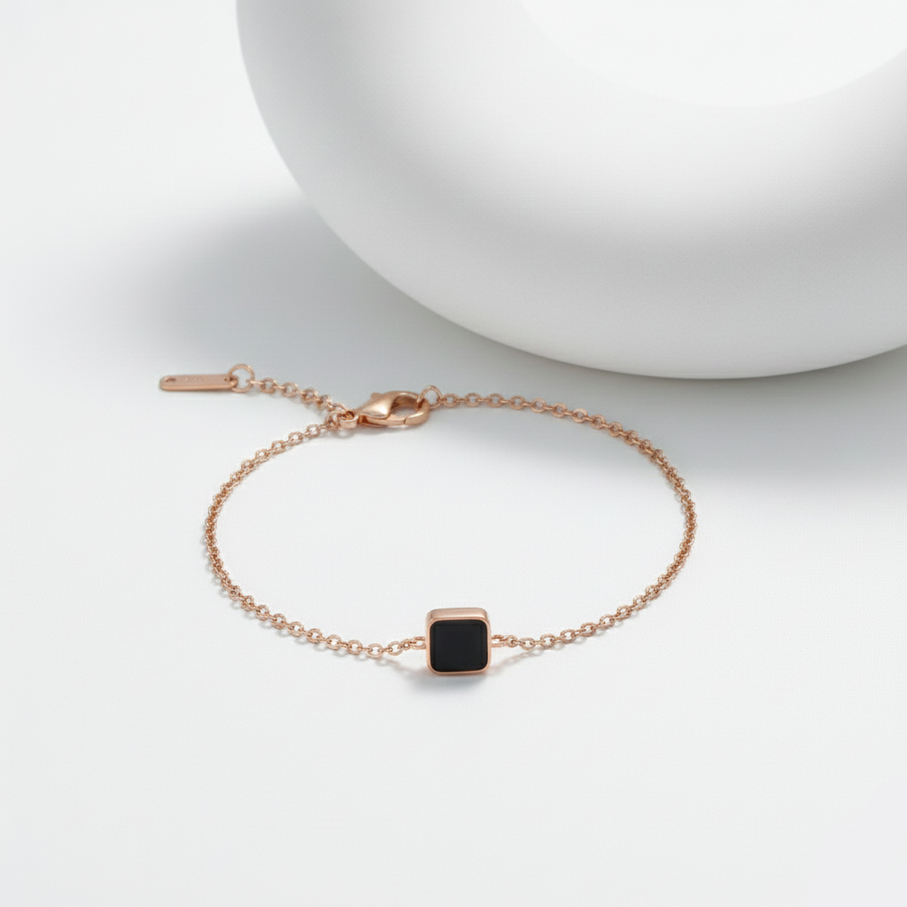 Bathol Anti-Tarnish Rose Gold–Tone Square Black Enamel Bracelet