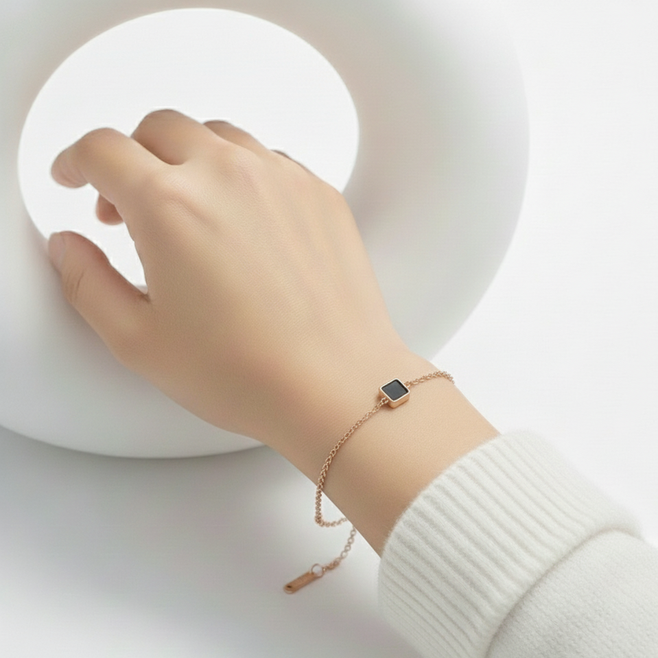 Bathol Anti-Tarnish Rose Gold–Tone Square Black Enamel Bracelet