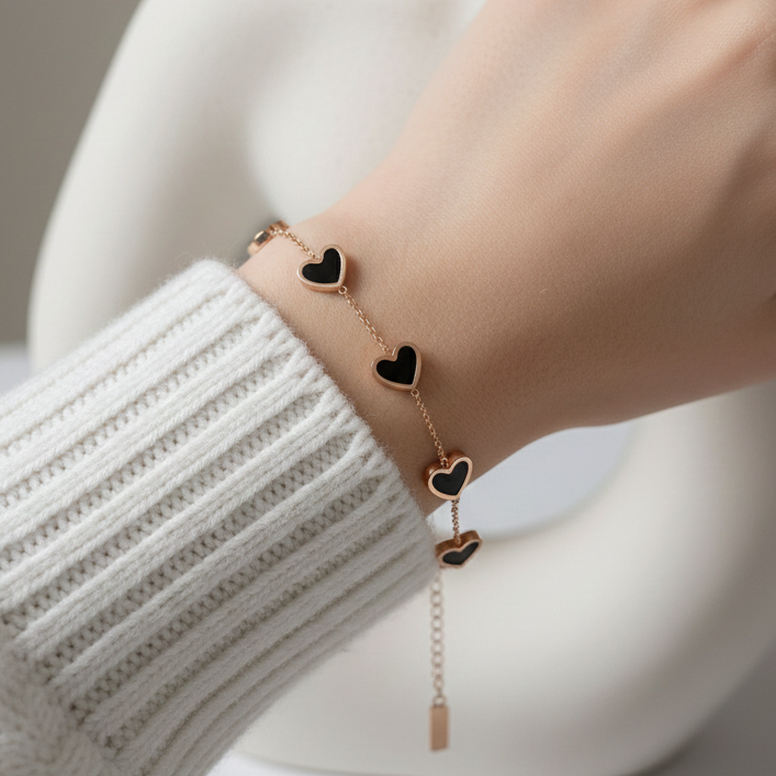 Bathol Anti-Tarnish Rose Gold–Tone Multi Black Heart Bracelet