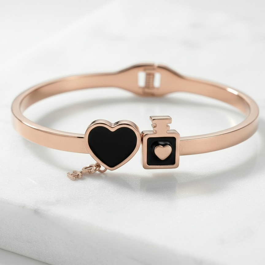 Elegant Rose-Tone Heart Charm Bangle