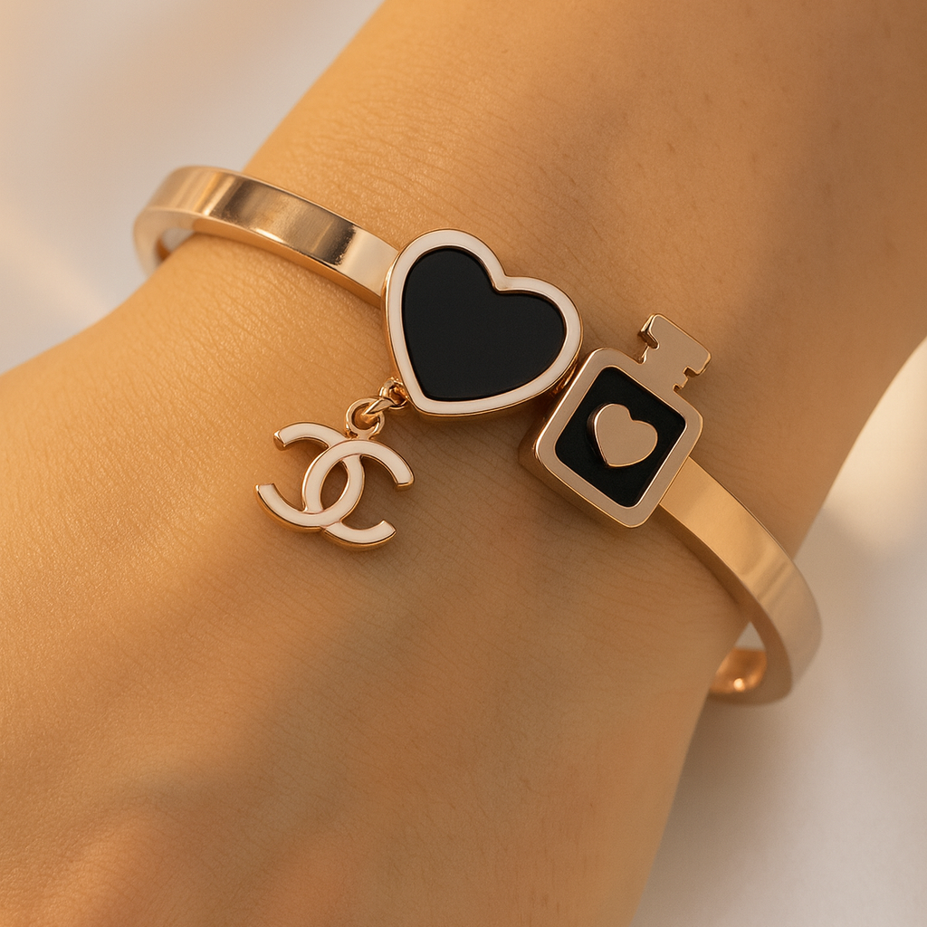 Elegant Rose-Tone Heart Charm Bangle