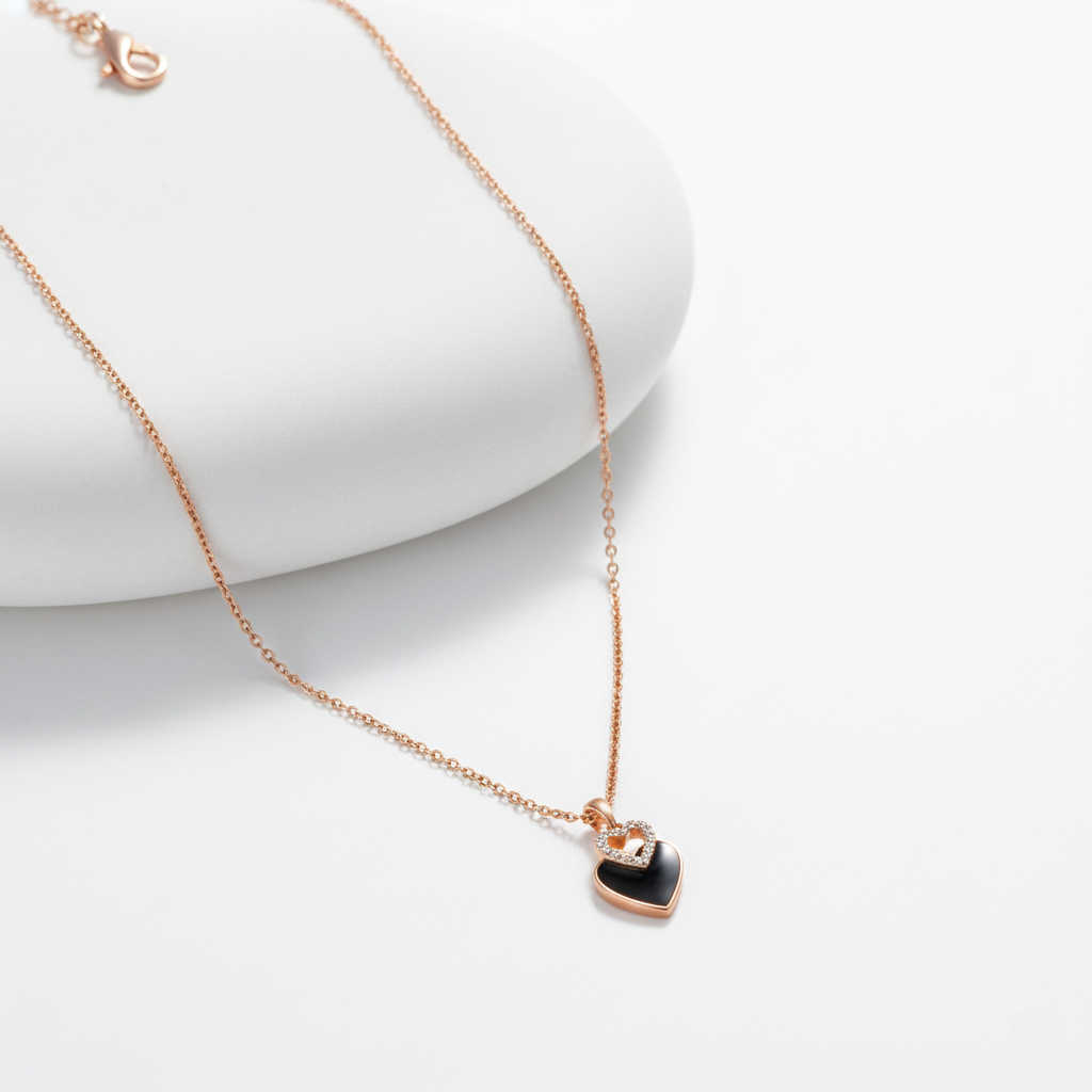 Bathol Elegant Heart Pendant Necklace – Rose Gold Finish with Black Enamel