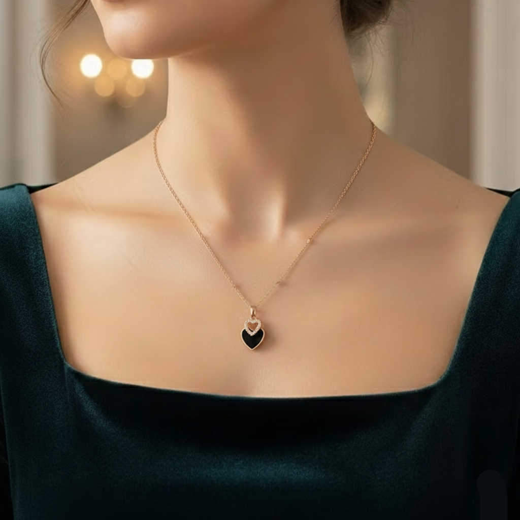 Bathol Elegant Heart Pendant Necklace – Rose Gold Finish with Black Enamel